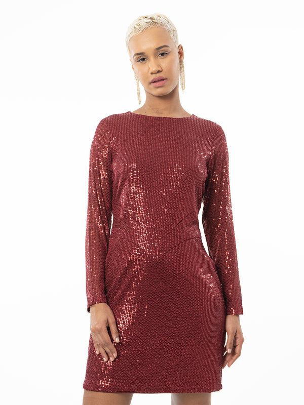 Sheer Cut Out Bodycon Burgundy Dress