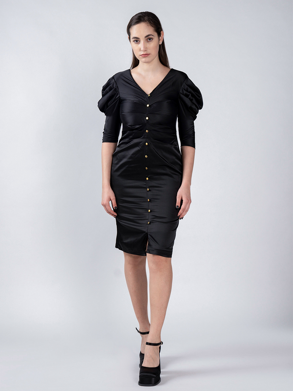 Pleated Detailing Fitted Black Dress