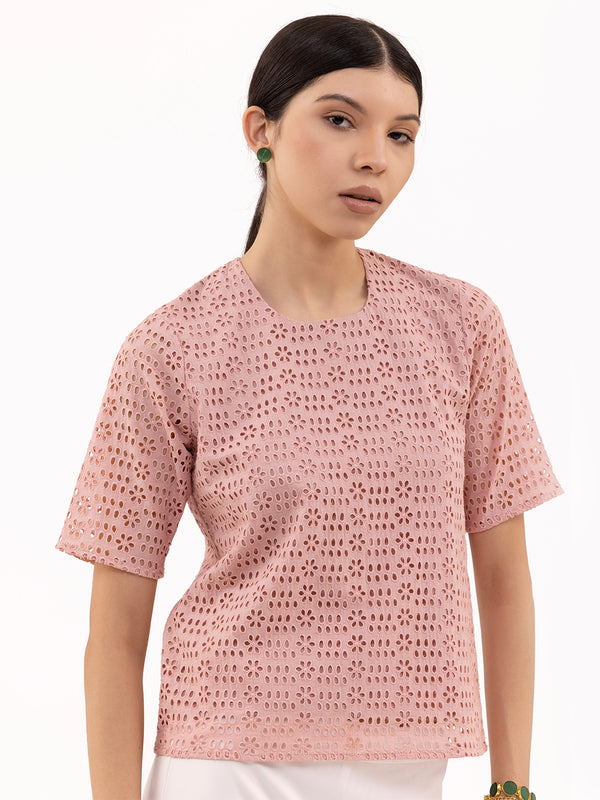 Pastel Blush Pink Eyelet Box Top