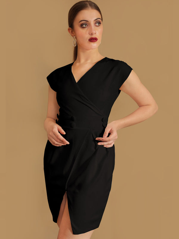 Black Straight Dress With Slit Hemline