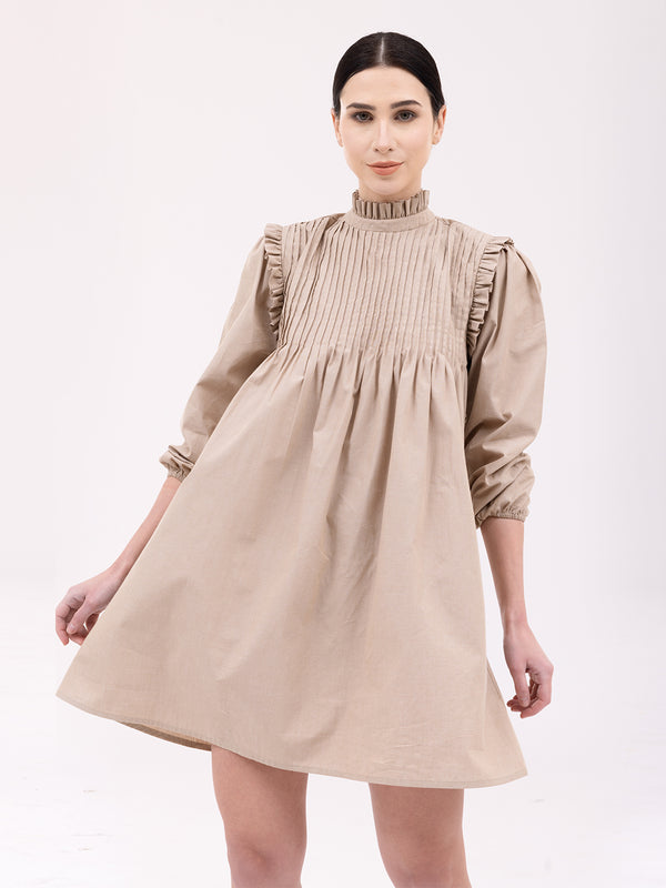 Beige Pintuck Mini Dress