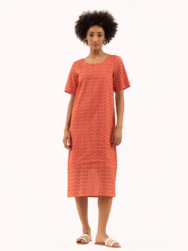 Tales To Tell Peach Schiffli Midi Dress