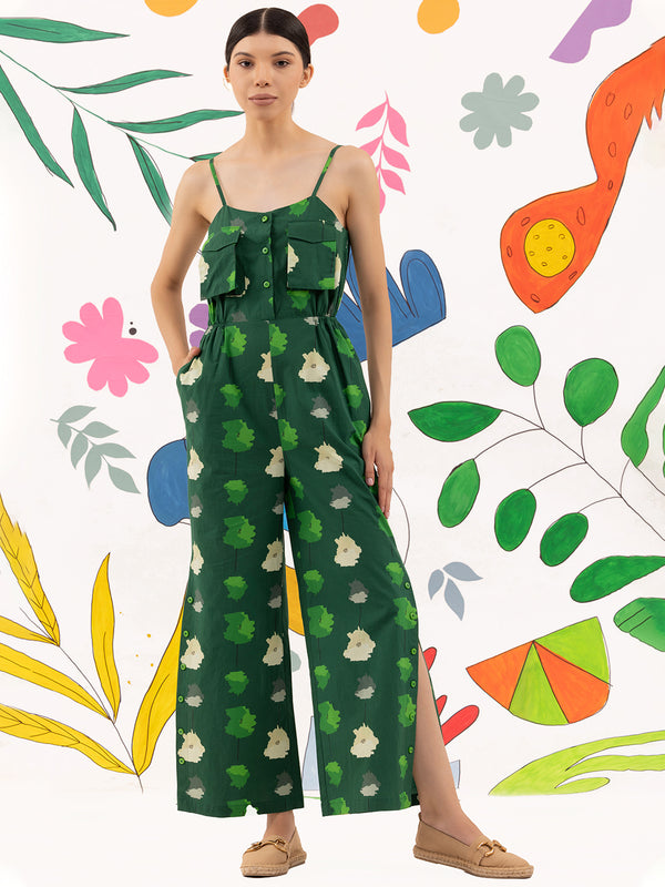 Forest Green Abstract  Print Wide-Leg Jumpsuit