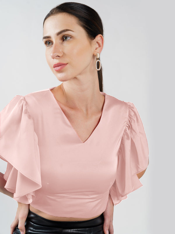 Crop Top With Flounce Sleeve Corel Pink