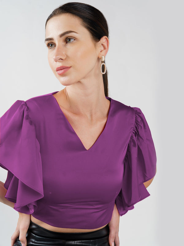 Crop Top With Flounce Sleeve Plum