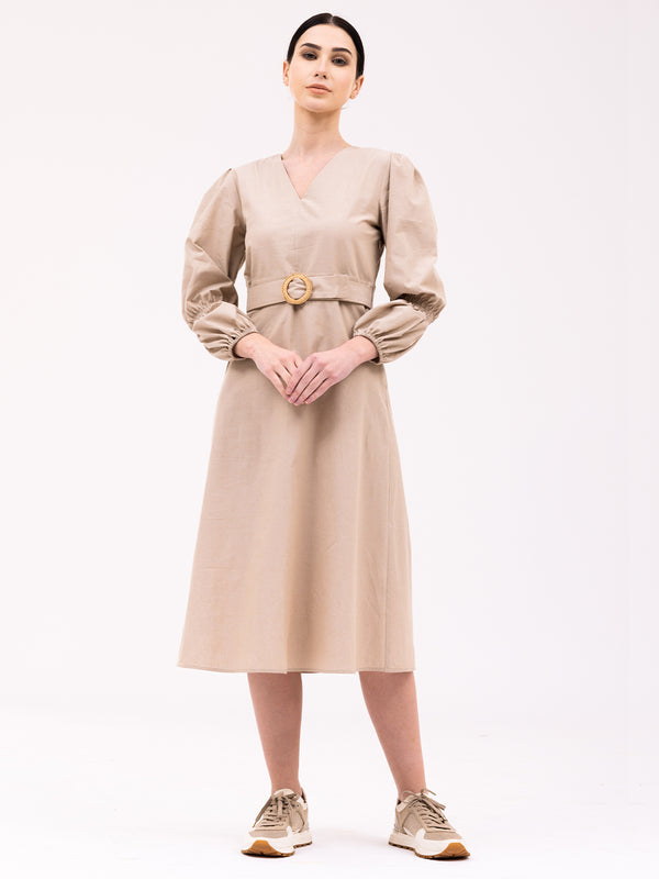 Rafia Belted Beige Straight Dress