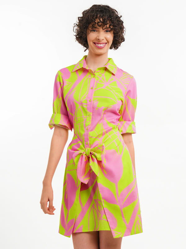 Neon Floral Print Tie-up Shirt Dress