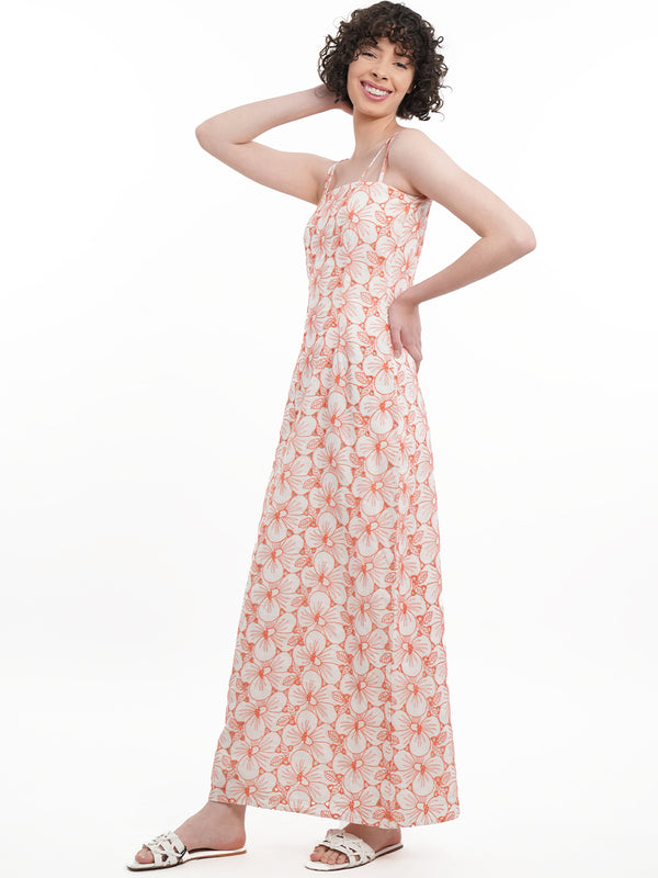 White & Peach Floral Eyelet Dress