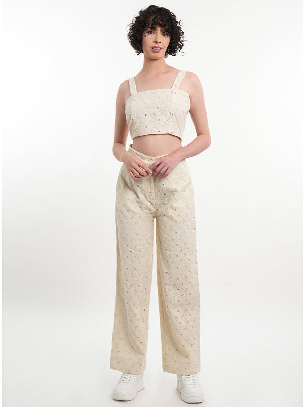 Beige Eyelet Crop Top & Trouser Co-Ord Set