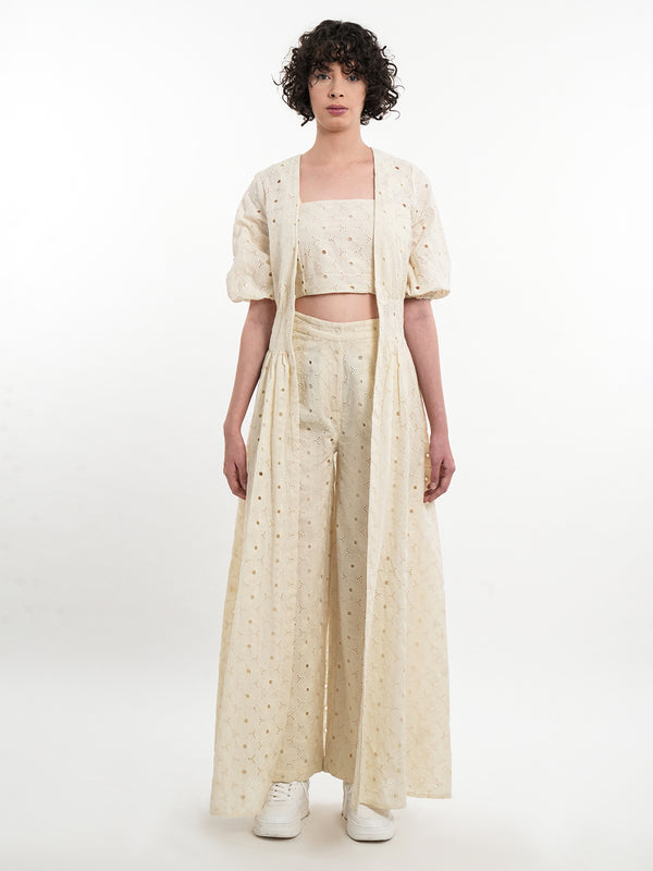 Beige Eyelet Crop Top, Trouser & Shrug Co-Ord Set