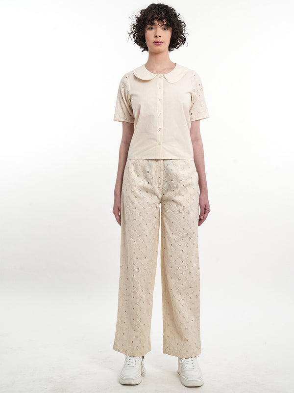 Beige Cotton Shirt And Eyelet Trouser Co-Ord Set