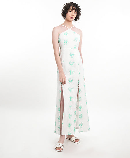 Green Floral Embroidery Slit Dress